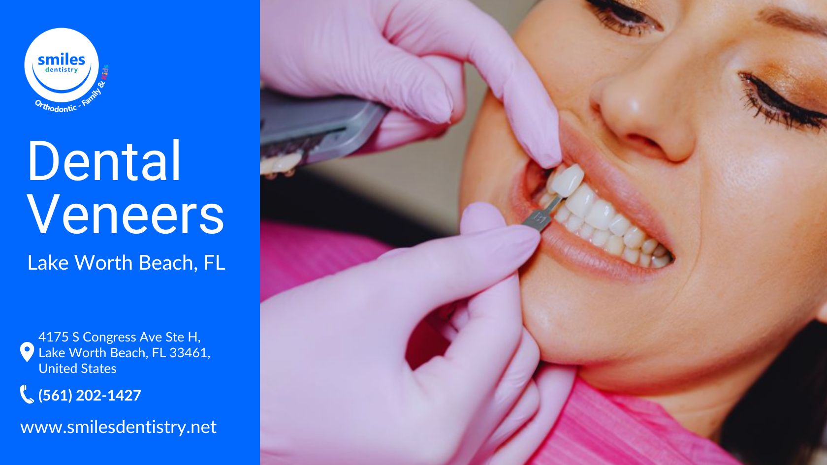 A dental professional in pink gloves uses a shade guide to match a smiling patient's teeth with dental veneers.
