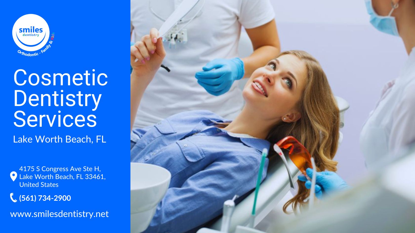 A smiling woman in a dental chair is holding a mirror while discussing cosmetic dentistry options with two dental professionals wearing gloves and masks.