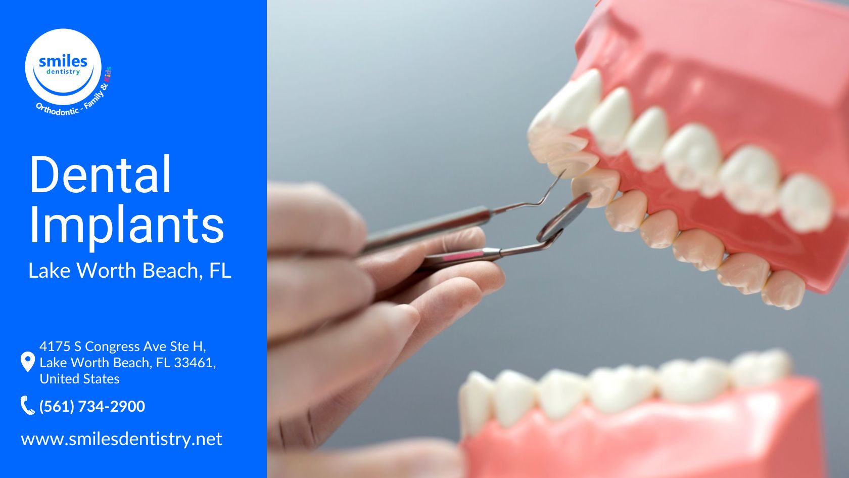 A hand grips dental tools beside a tooth model, representing dental hygiene and implant services.