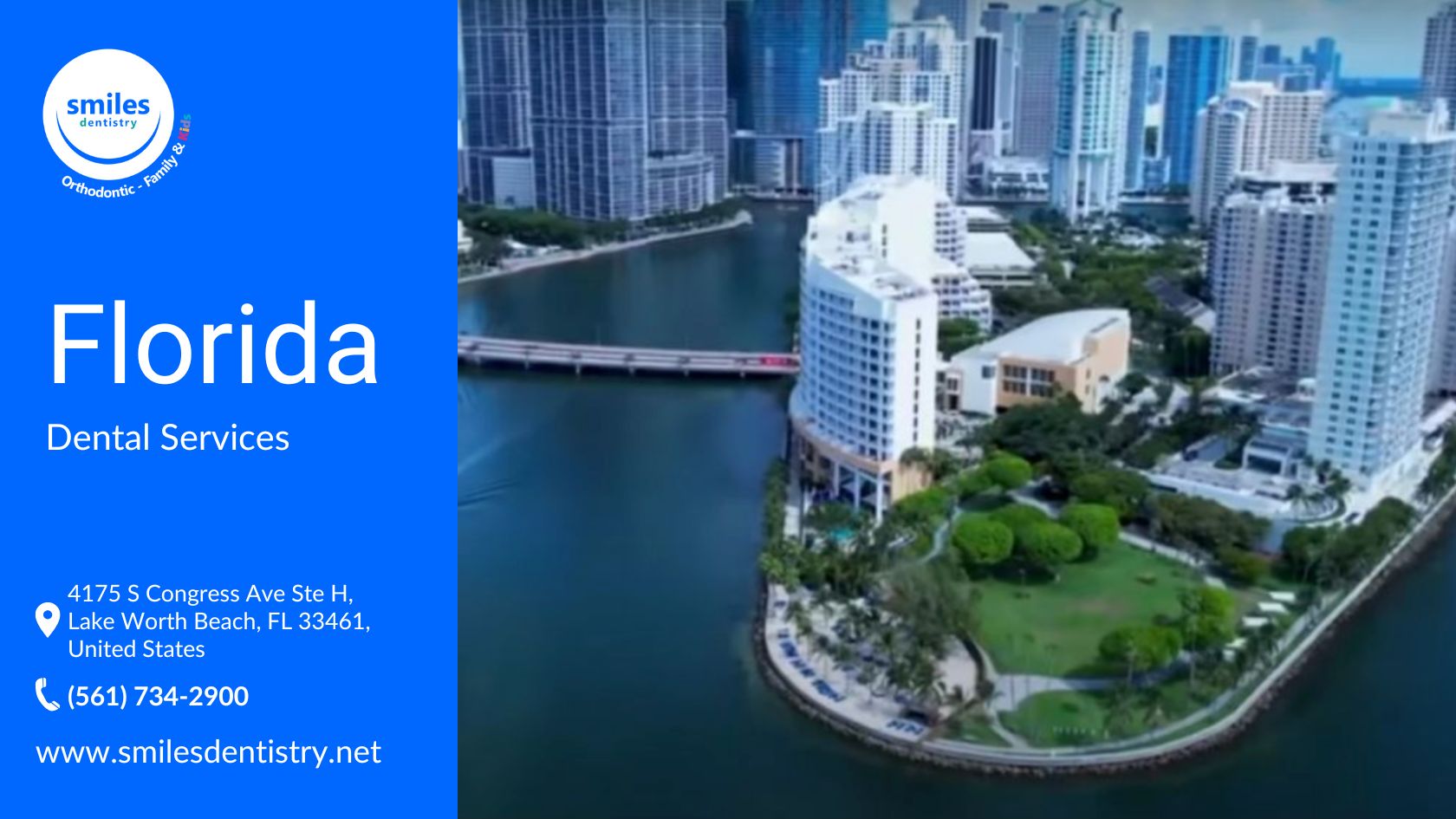 The image showcases an aerial view of a waterfront cityscape with modern high-rise buildings, a bridge, and a green park area in Florida.