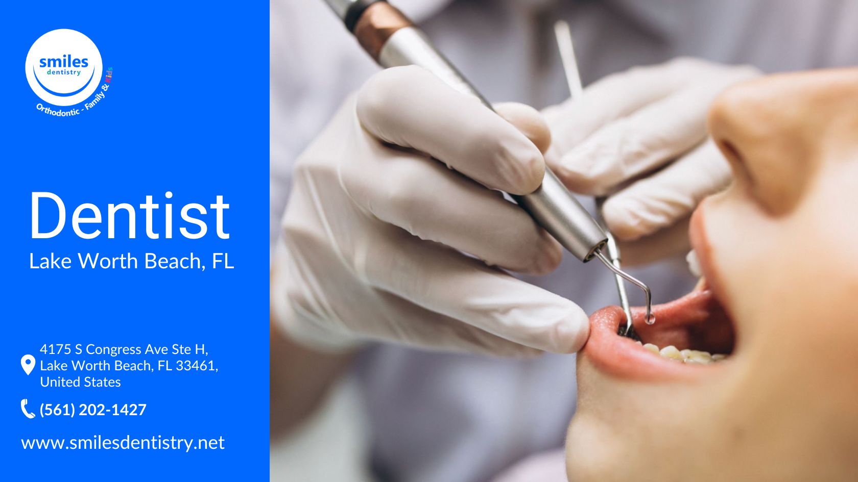 A person undergoing a teeth cleaning procedure by a dentist at Smiles Dentistry, representing professional dental care.
