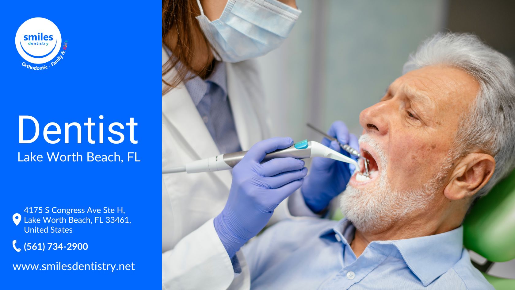 A dentist is checking a patient's teeth, highlighting the professional services of Smiles Dentistry.