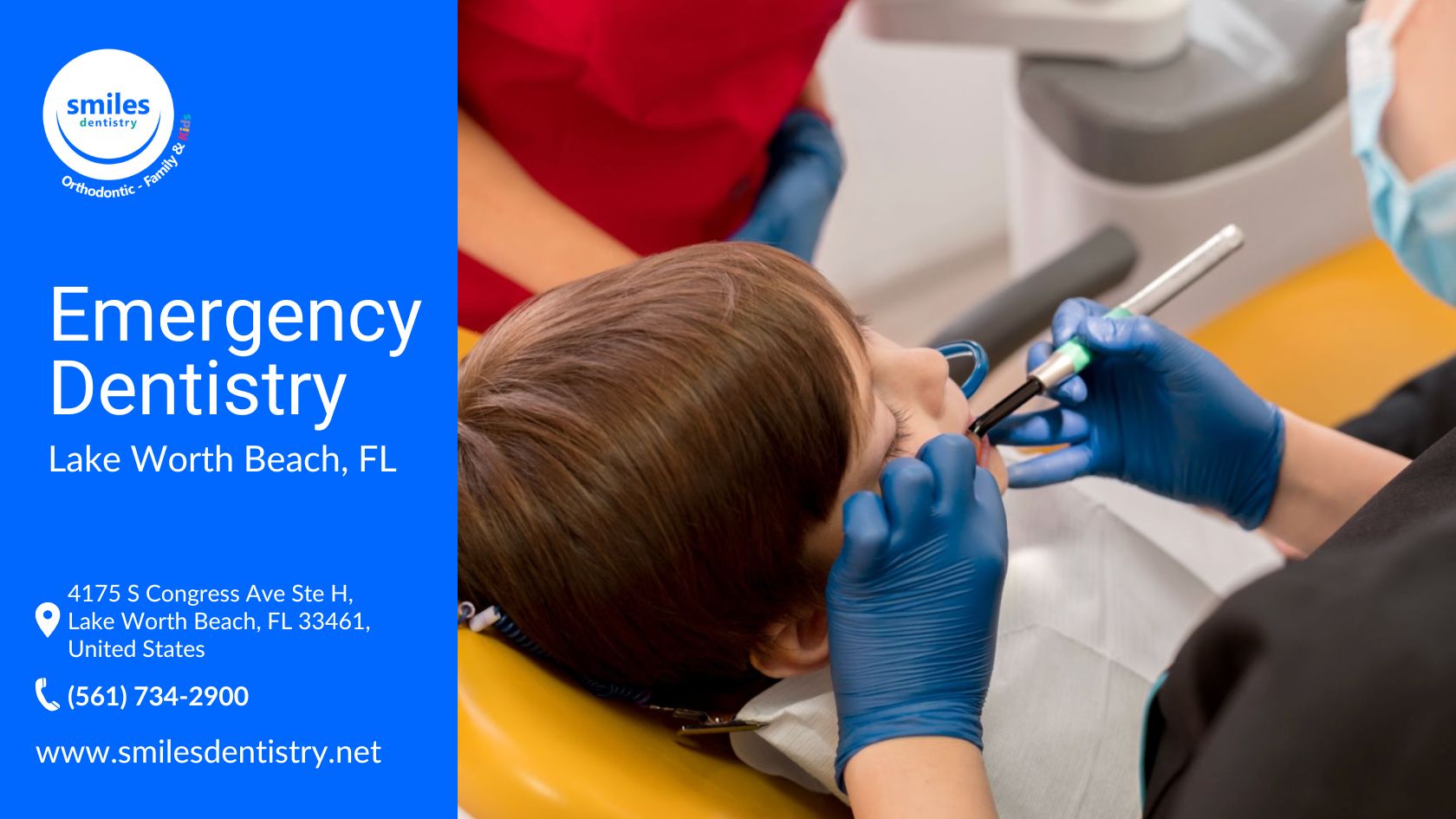 A child receiving a dental checkup is sitting in a chair with a dentist inspecting their teeth and gums.