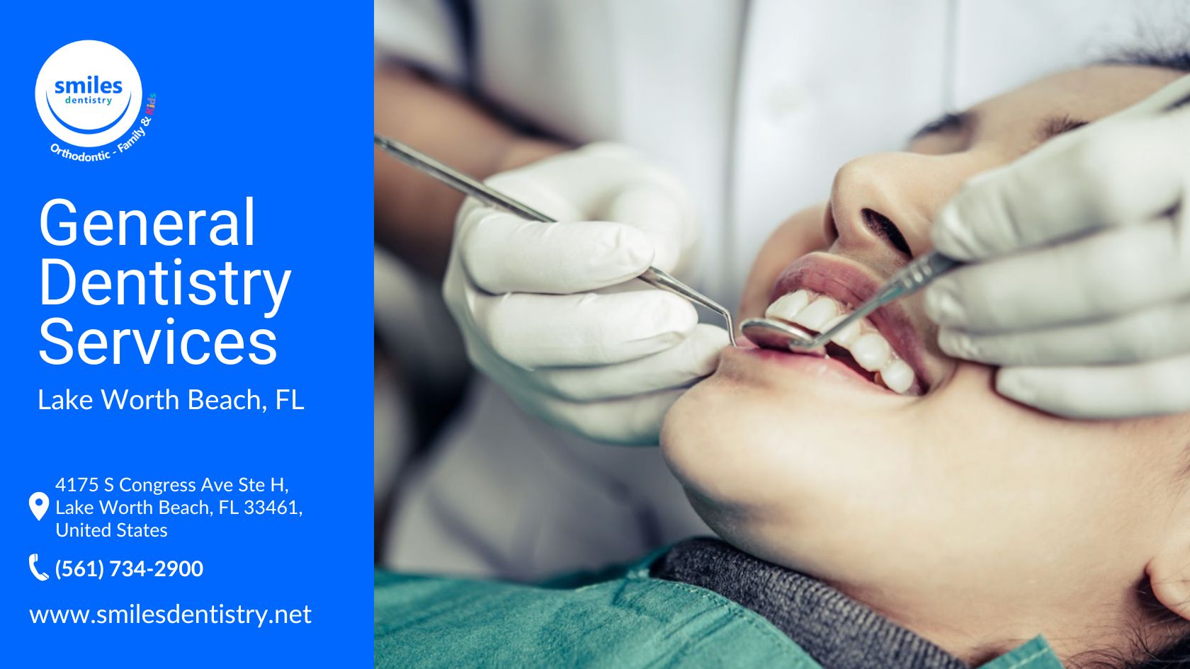 A woman is getting her teeth checked by a dentist at Smiles Dentistry, illustrating the General Dentistry experience.