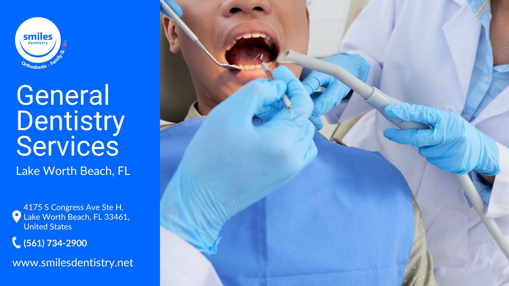 A dentist evaluates a patient's teeth in a dental office, illustrating the general dentistry services offered by Smiles Dentistry.