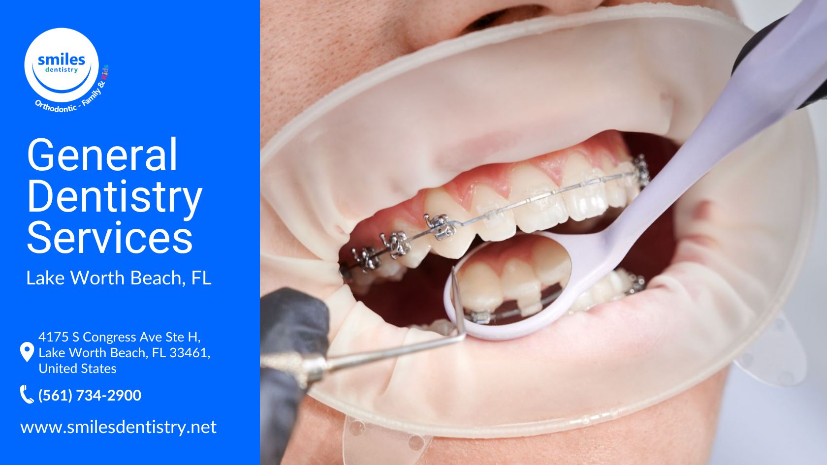 A patient with braces sits in a dental chair as a dentist adjusts them, showcasing restorative general dentistry practices.