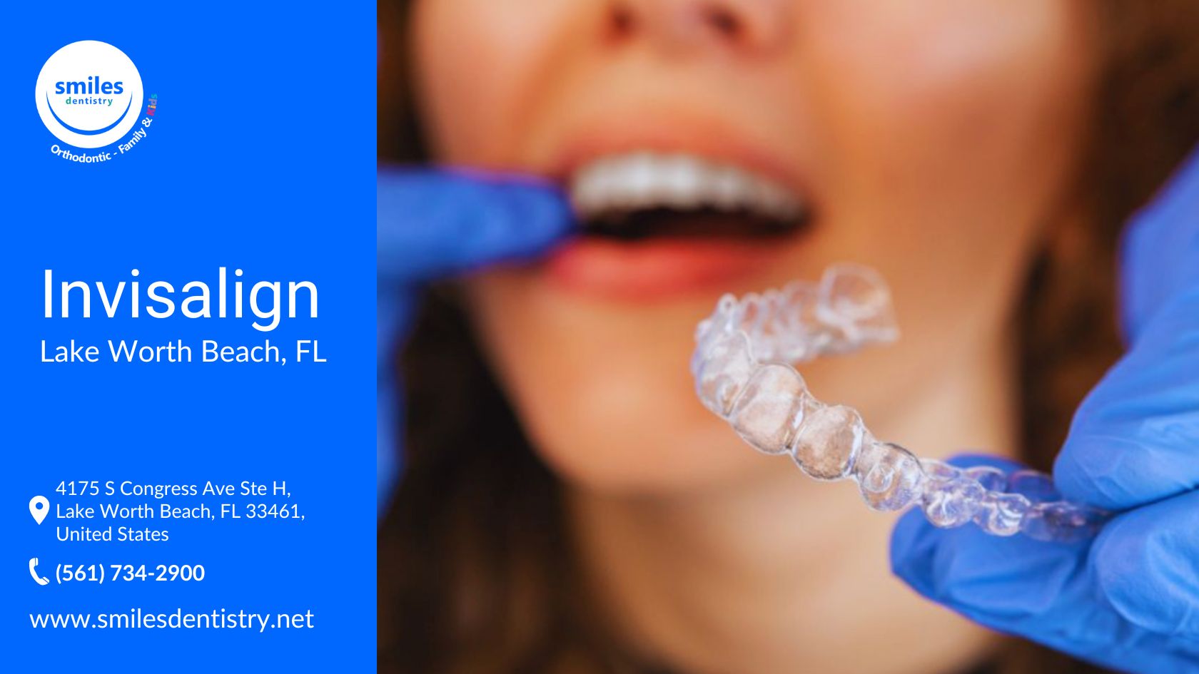 A close-up image of a person preparing to wear an Invisalign aligner, with a dental professional wearing blue gloves holding the clear aligner.