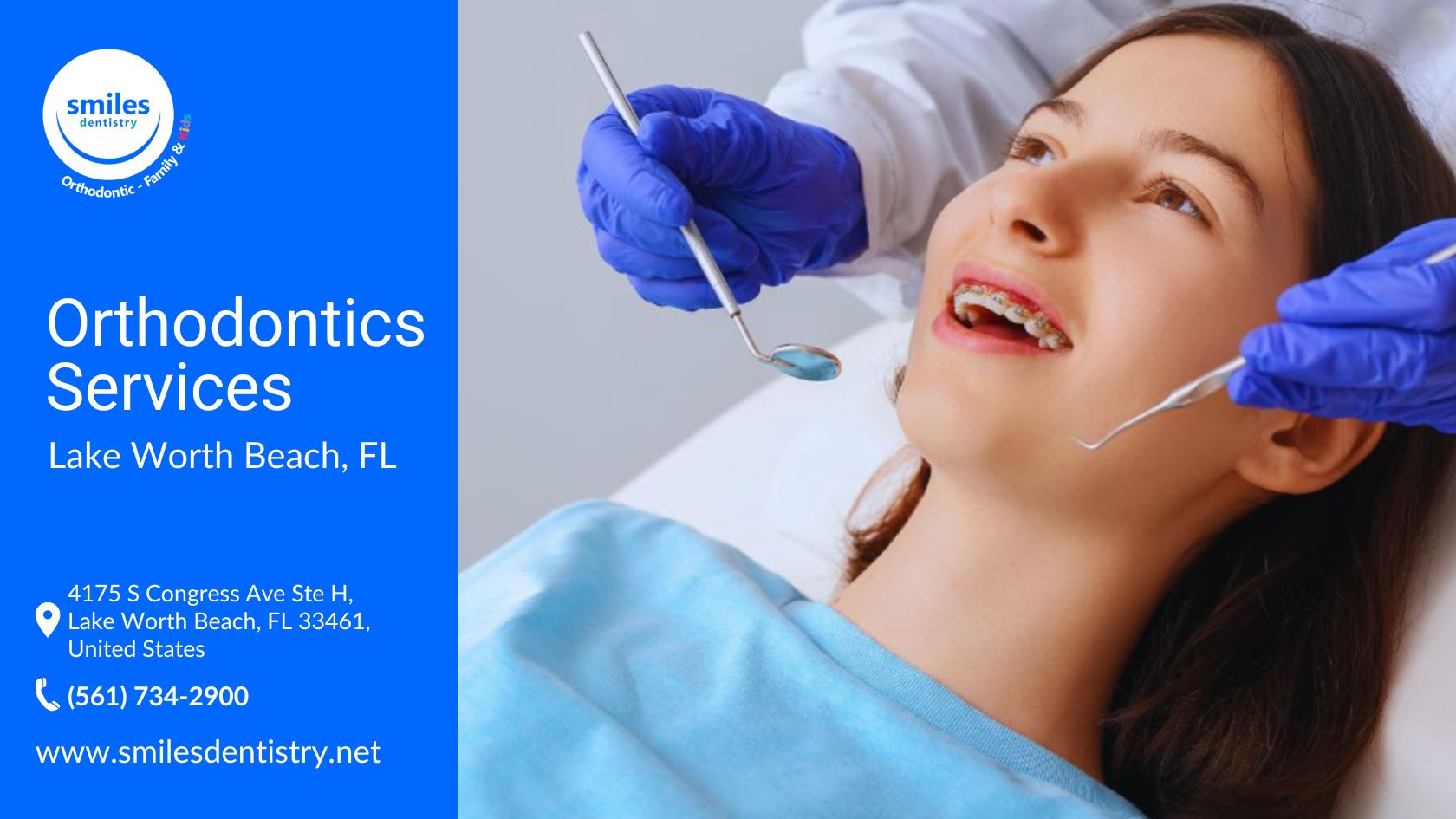 A young girl with braces is lying in a dental chair, smiling while a dentist wearing blue gloves examines her teeth with dental tools during an orthodontics checkup.