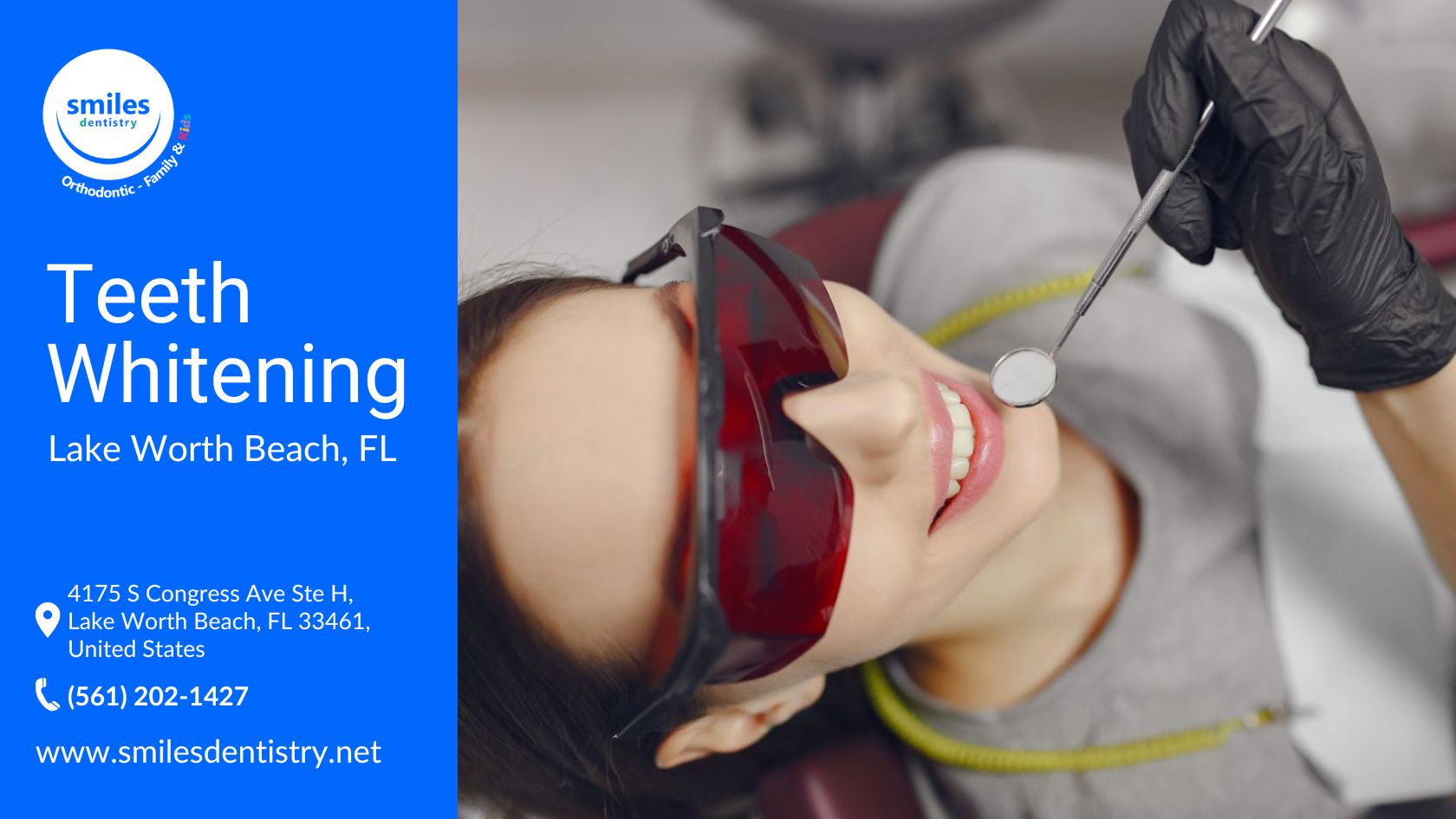 A dentist whitens a patient's teeth while the patient wears protective glasses.
