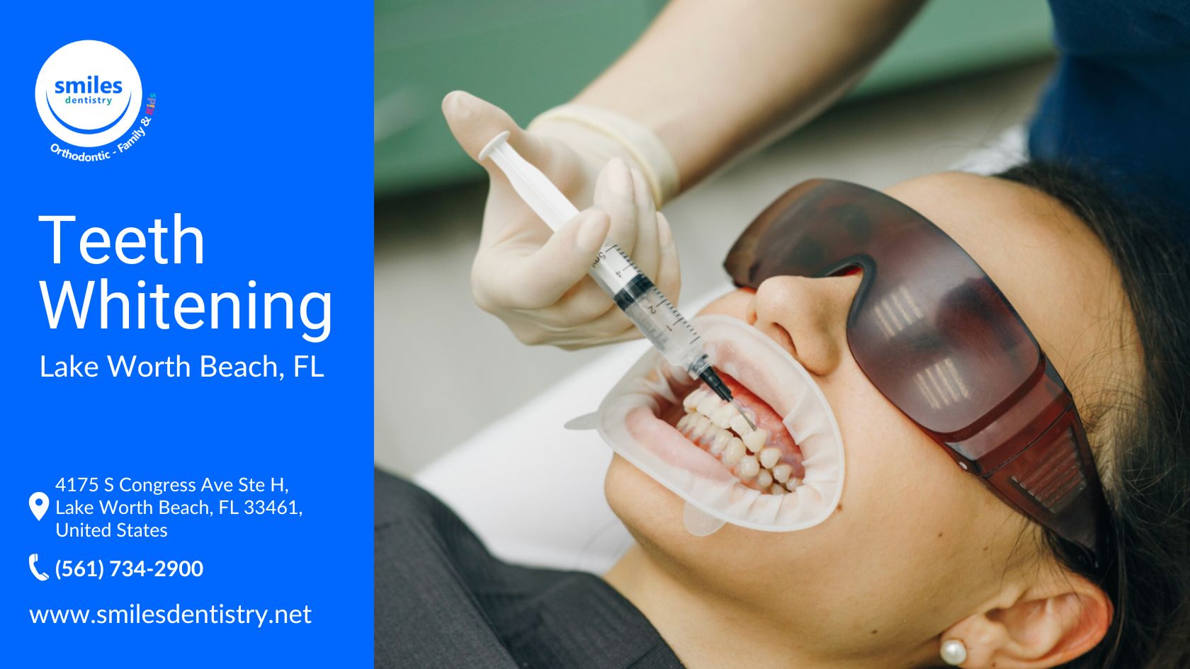 A dentist cleaning a woman's teeth, showcasing the teeth whitening services available at the clinic.