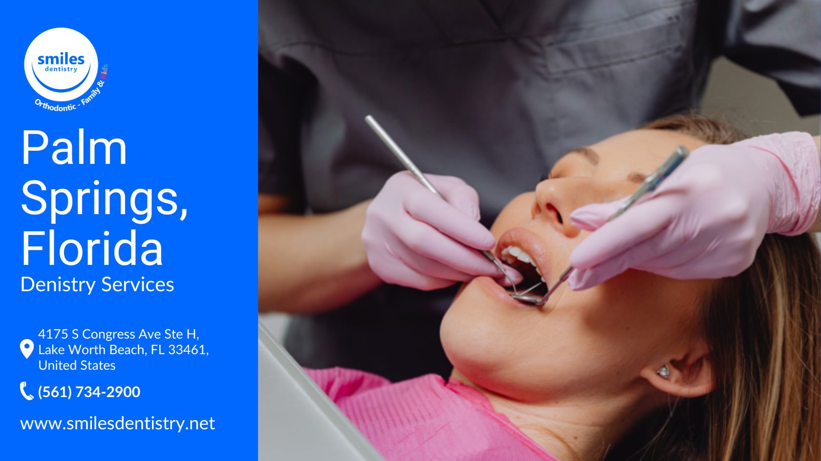 A woman sits in a dental chair while a dentist cleans her teeth with dental tools in Palm Springs, Florida.
