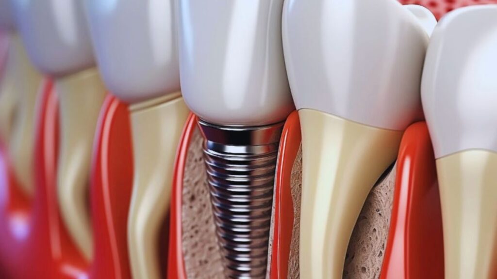 Close-up of dental implants and crowns, highlighting restorative dental solutions available in Lake Worth.